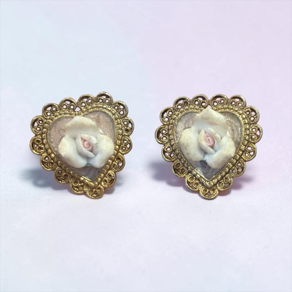 Carved Rose Heart Stud Earrings Gold Filigree 1928 Jewelry Victorian Revival 80s